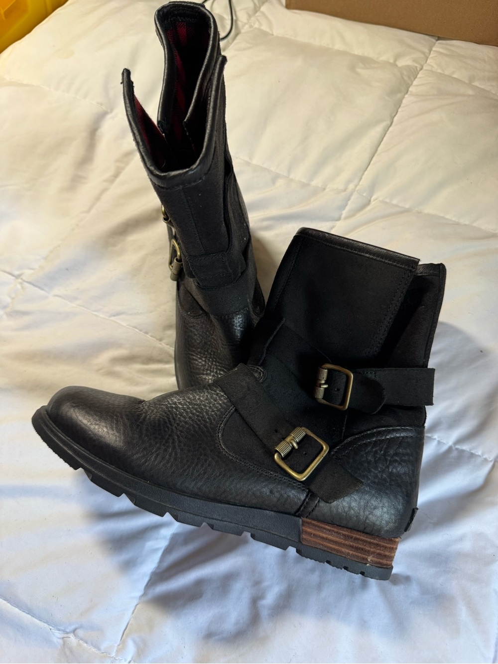 Sorel Black Leather Moto Buckle Boots